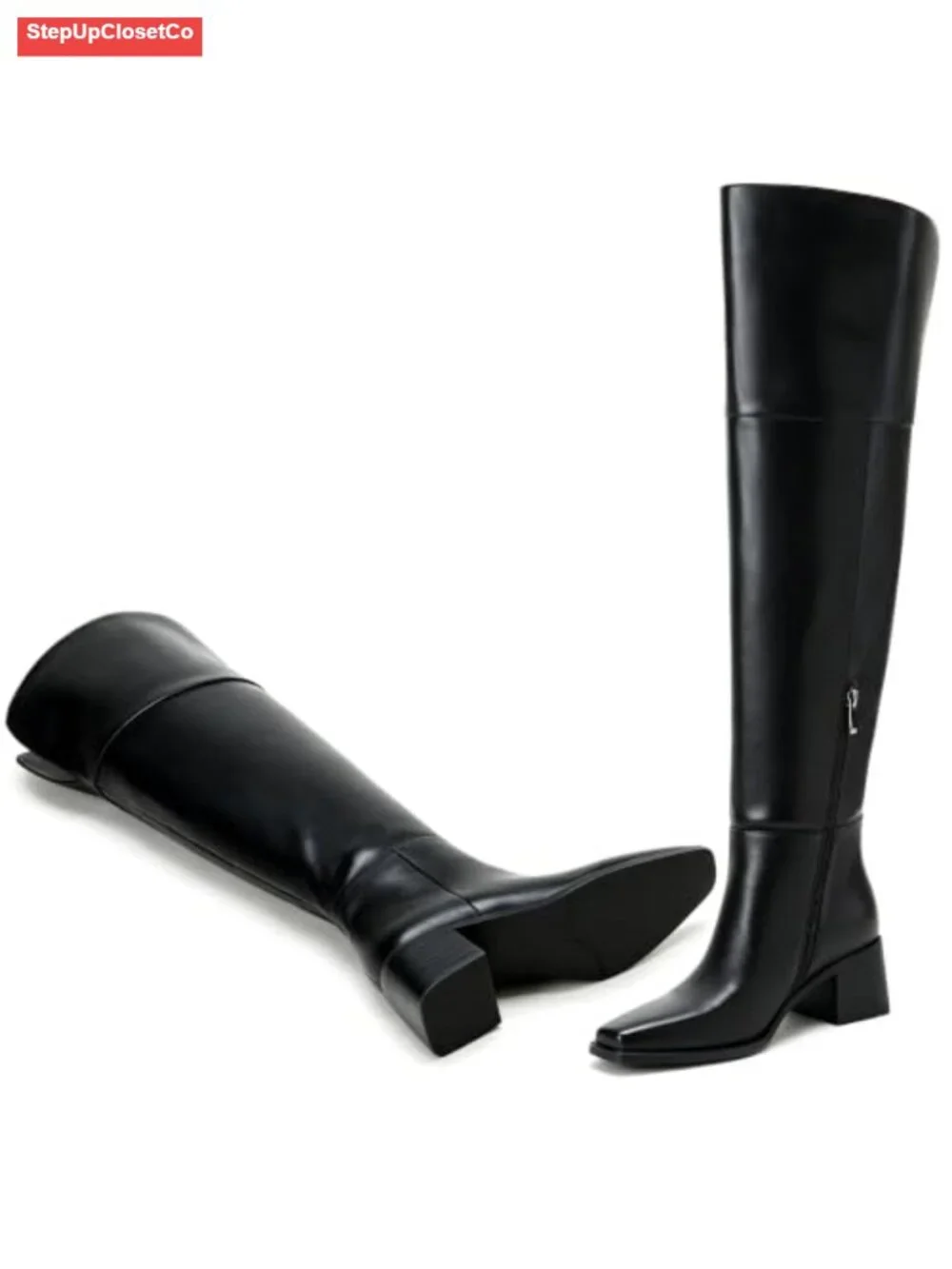 Over the Knee Thigh High Boots Square Toe Block Heel Side Zipper Women's Shoes